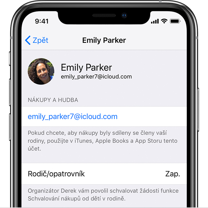 Obrazovka Apple ID na iPhonu s nákupy a hudbou