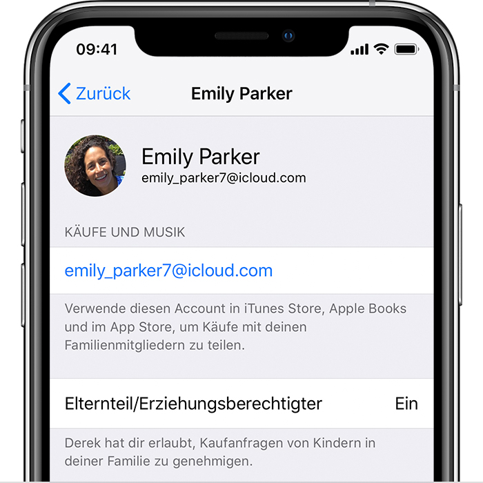 Bildschirm 'Apple-ID' auf dem iPhone mit Einkäufen und Musik