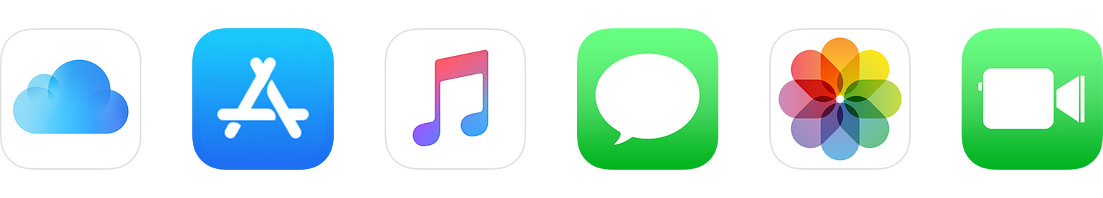 Піктограми iCloud, App Store, «Музика», «Повідомлення», «Фотографії» та FaceTime
