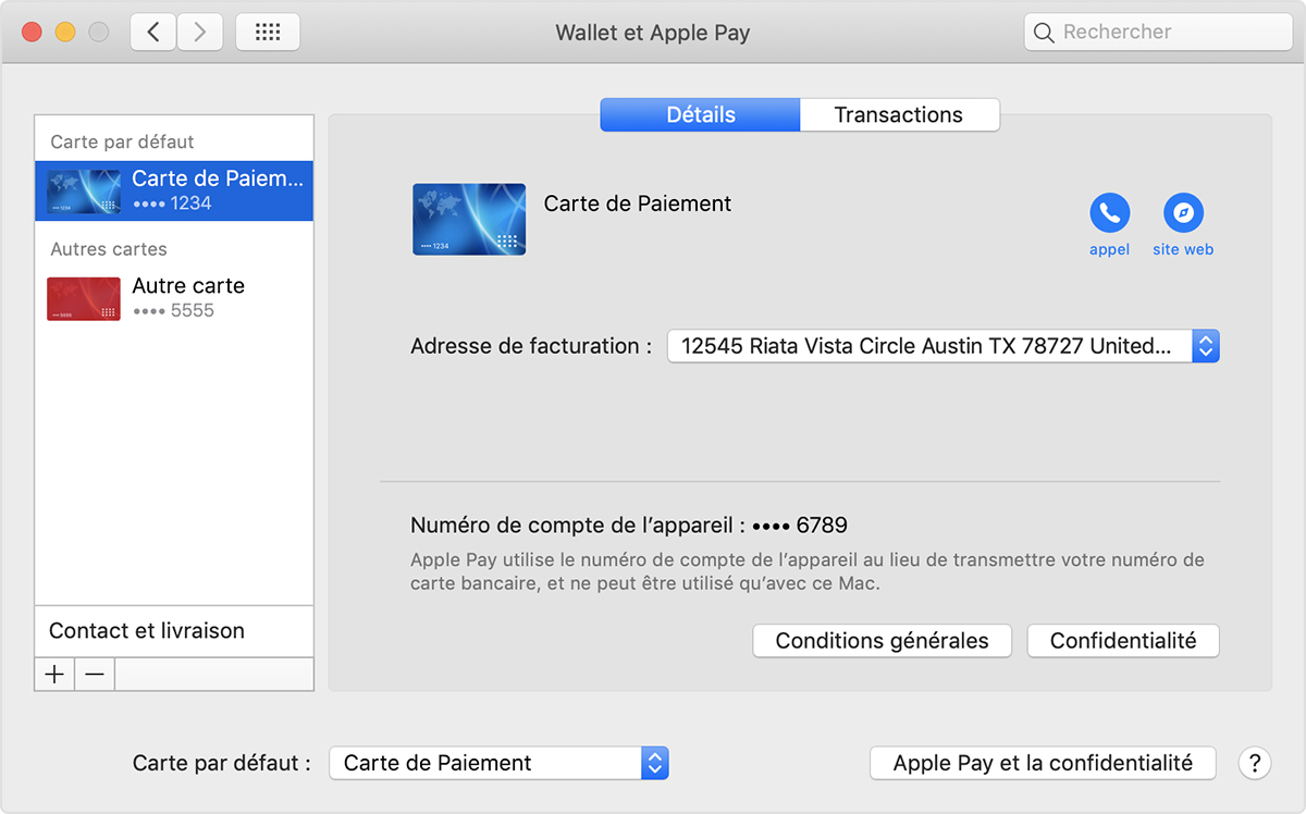 Carte Apple Pay par défaut sur Mac