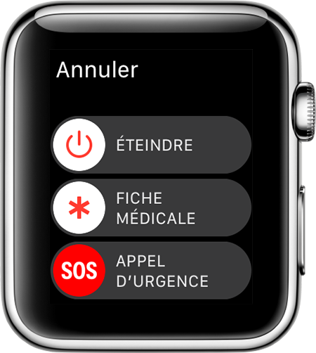 Curseur Appel d’urgence sur l’Apple Watch.