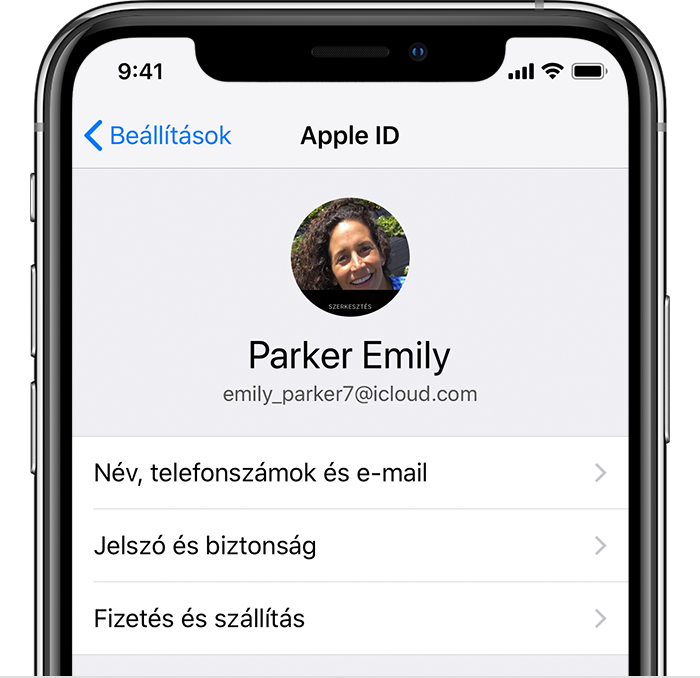 Az Apple ID képernyője az iPhone beállításaiban
