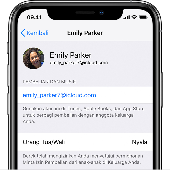 Layar ID Apple di iPhone menampilkan pembelian dan musik