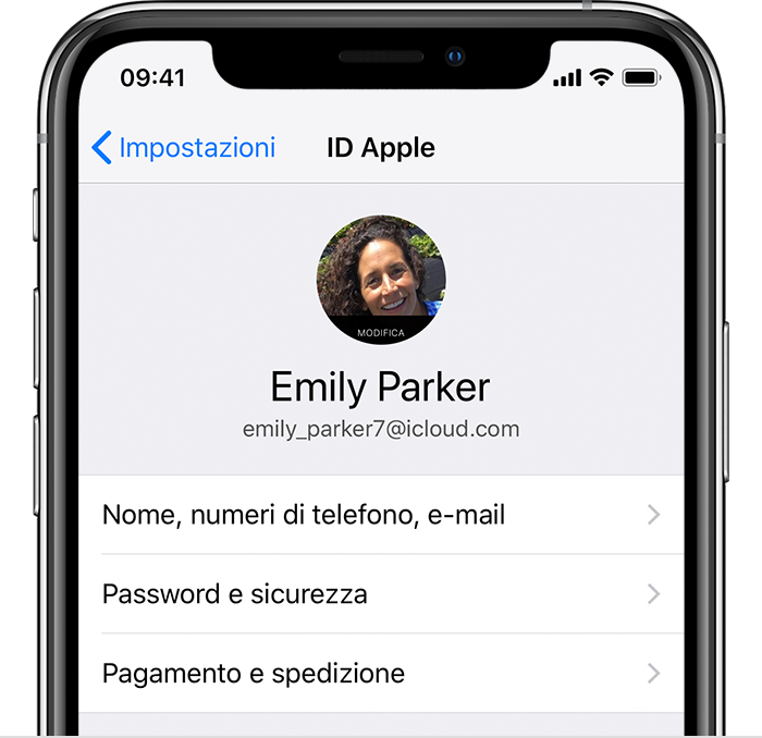 Schermata dell'ID Apple in Impostazioni di iPhone
