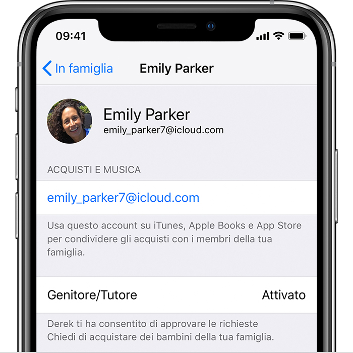Schermata dell'ID Apple su iPhone con acquisti e musica visualizzati
