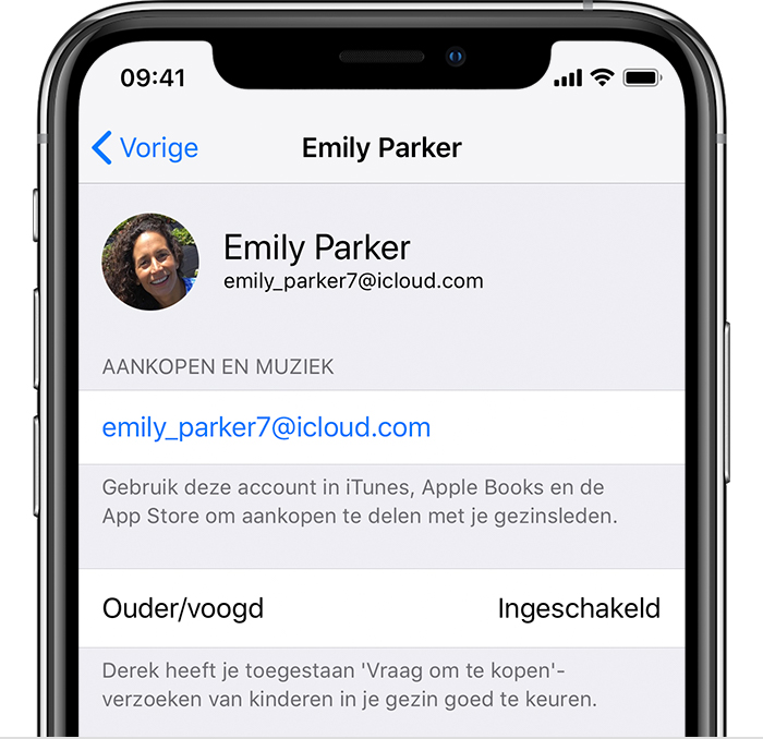 Apple ID-scherm op een iPhone waarop aankopen en muziek worden getoond