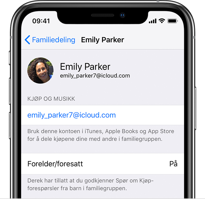 Apple-ID-skjerm på iPhone med kjøp og musikk