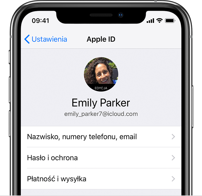 Ekran konta Apple ID w ustawieniach telefonu iPhone