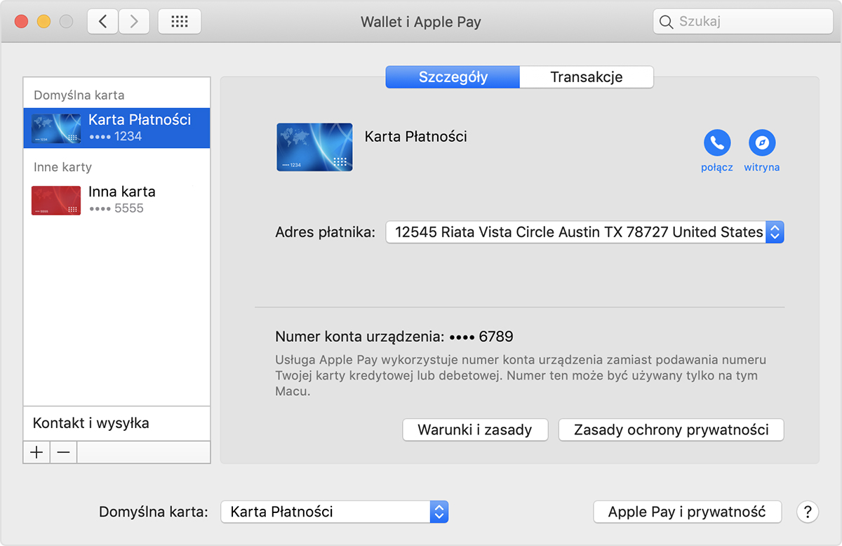 Domyślna karta Apple Pay na modelach komputera Mac