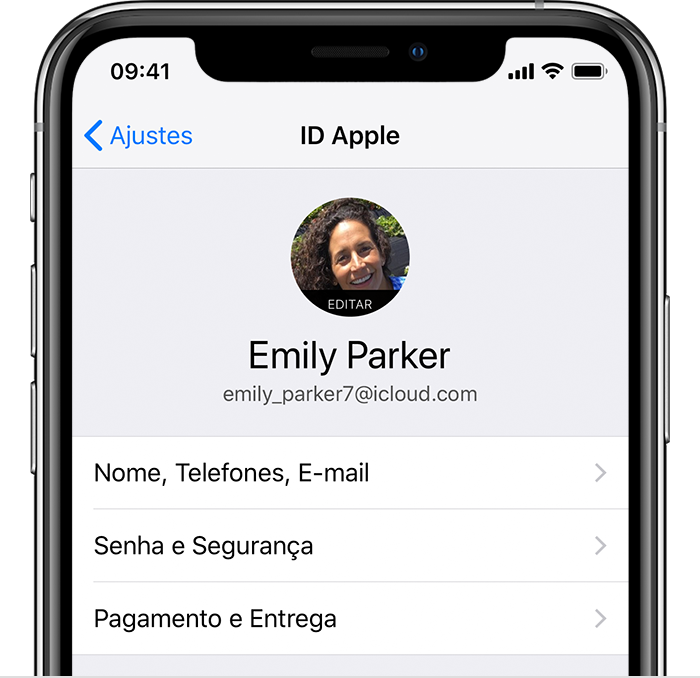 Tela ID Apple nos ajustes do iPhone