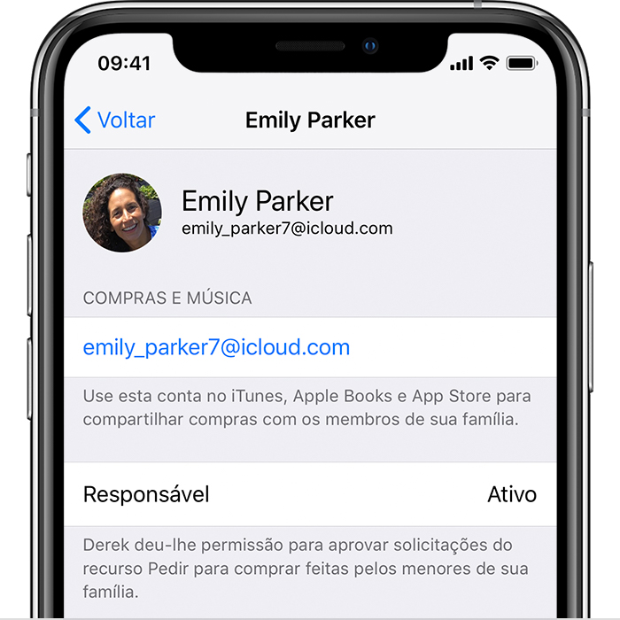 Tela ID Apple no iPhone mostrando compras e músicas
