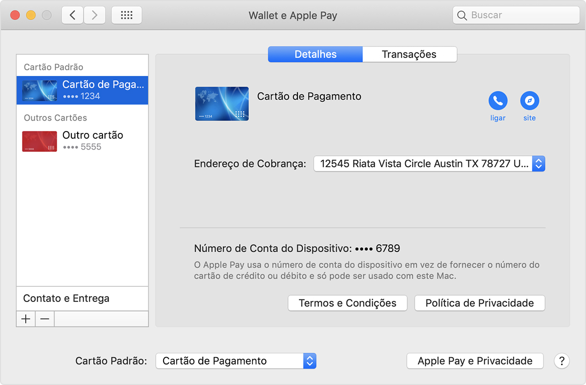 Cartão padrão do Apple Pay em modelos do Mac