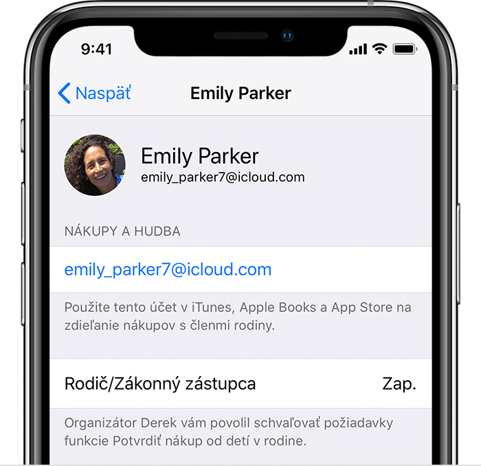 Obrazovka Apple ID na iPhone so zobrazenými nákupmi a hudbou