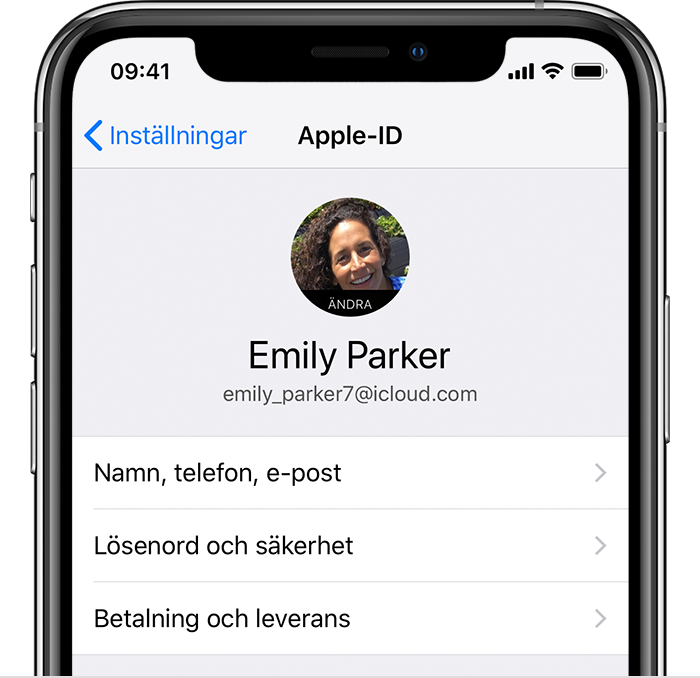 Skärmen Apple-ID i iPhone-inställningar