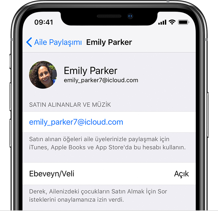 iPhone'da satın alınanlar ve müzik bölümünü gösteren Apple Kimliği ekranı